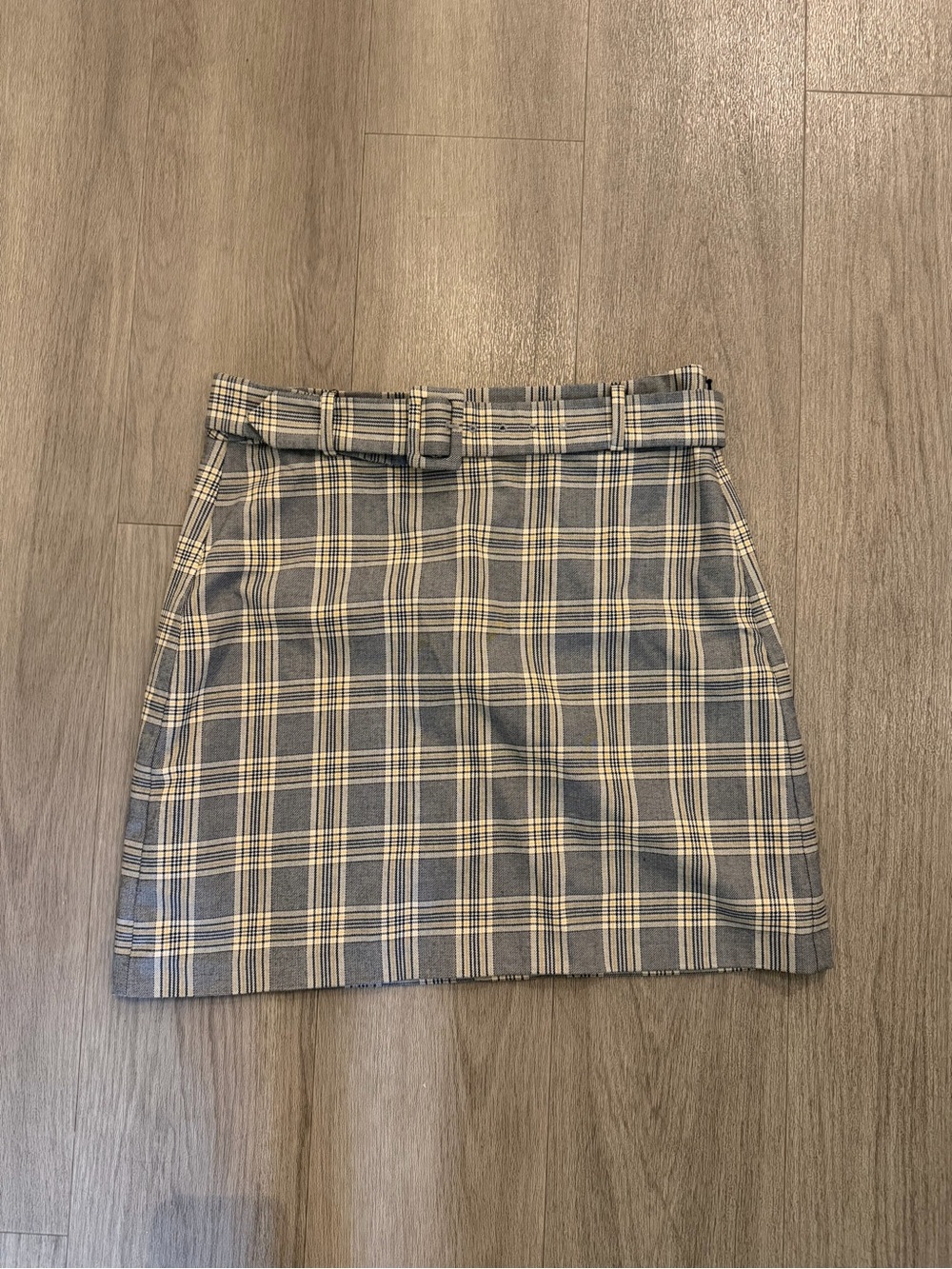 LOFT Gray, Yellow and Cream Plaid Mini Skirt with Belted Waist